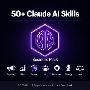 May include: A digital graphic with the text "50+ Claude AI Skills" and "Business Pack." The image features a glowing purple brain icon inside a hexagon, with icons for marketing, sales, finance, HR, operations, strategy, and legal.