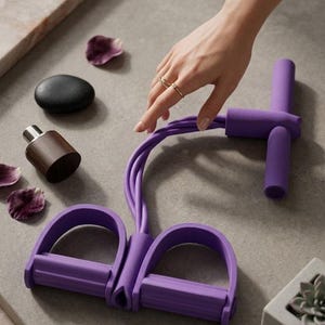 K&ouml;nnte beinhalten: Ein violettes Widerstandsband-Trainingsger&auml;t mit Griffen und Fu&szlig;st&uuml;tzen. Das Bild enth&auml;lt auch einen schwarzen Stein, eine Parf&uuml;mflasche mit Holzverschluss und violette Bl&uuml;tenbl&auml;tter. Eine Hand mit Ringen ber&uuml;hrt das Trainingsger&auml;t.