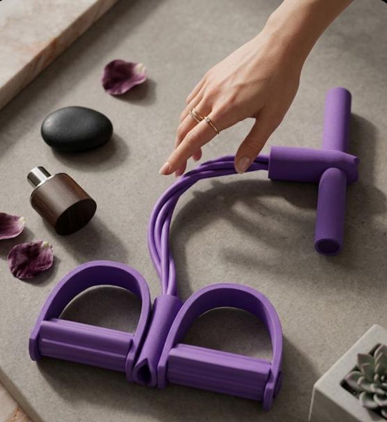 K&ouml;nnte beinhalten: Ein violettes Widerstandsband-Trainingsger&auml;t mit Griffen und Fu&szlig;st&uuml;tzen. Das Bild enth&auml;lt auch einen schwarzen Stein, eine Parf&uuml;mflasche mit Holzverschluss und violette Bl&uuml;tenbl&auml;tter. Eine Hand mit Ringen ber&uuml;hrt das Trainingsger&auml;t.