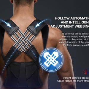 May include: A black posture corrector with white and gray woven webbing across the back. The text on the image reads "HOLLOW AUTOMATIC AND INTELLIGENT ADJUSTMENT WEBBING" and "Patent certified product Cross forces are more stable".