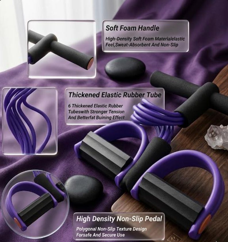 K&ouml;nnte beinhalten: Ein lila-schwarzes Fitness-Widerstandsband-Set. Das Set enth&auml;lt ein Paar Fu&szlig;pedale mit schwarzen Schaumstoffgriffen, ein Paar schwarze Schaumstoffgriffe und sechs lila elastische Gummischl&auml;uche. Konzipiert f&uuml;r Bewegung und Fitness.