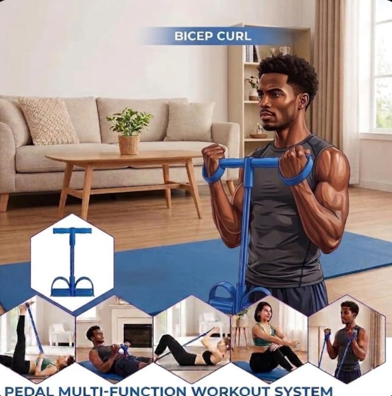 K&ouml;nnte beinhalten: Ein blaues Pedal-Multifunktions-Trainingssystem wird gezeigt, wobei ein Mann einen Bizepscurl ausf&uuml;hrt. Das Bild zeigt auch die Verwendung des Systems f&uuml;r andere &Uuml;bungen. Der Text "Bicep Curl" wird &uuml;ber dem Mann angezeigt.