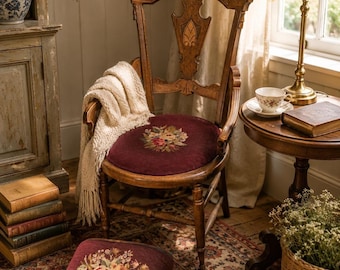 May include: A wooden chair with a dark red upholstered seat featuring a floral embroidery, accompanied by a matching footstool. A cream-coloured knit throw is draped over the armrest. The chair has a carved wooden backrest and turned legs.