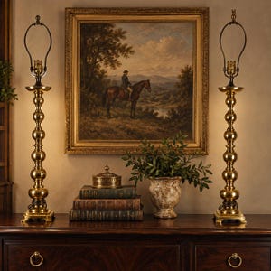 May include: Two tall brass lamps with stacked spherical columns stand on either side of a stack of three leather-bound books, a small round brass lidded container, and a ceramic urn containing green foliage, all placed before a framed painting.