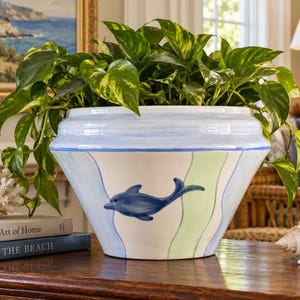 Jay Willfred Dolphin Planter, Large Hand Painted Portugal Ceramic Cachepot, Coastal Decor