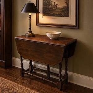 May include: A dark brown wooden drop-leaf console table with turned legs and a lower stretcher. A metal lamp with a dark shade and a white ribbed ceramic bowl are placed on the rectangular surface of the table, which features two hinged side leaves.