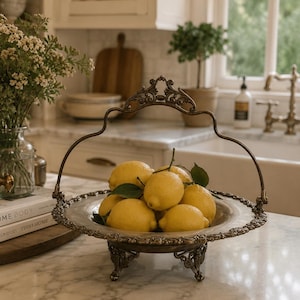 May include: A round, metallic serving bowl with a decorative, ornate rim and a high, arched handle. The bowl is supported by three small, detailed feet and is filled with several bright yellow lemons with green leaves attached to their stems.