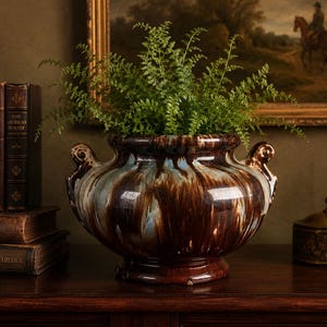 May include: A ceramic planter featuring a glossy glaze with swirling patterns of deep brown, cream, and light blue. The vessel has a wide, rounded body, a flared rim, and two small, curved handles on opposite sides, containing a green fern plant.