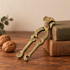 May include: A vintage brass nutcracker shaped like a bird with a weathered patina, featuring a hinged mechanism and textured detailing on the handles, positioned upright against a stack of two old books next to two whole walnuts.