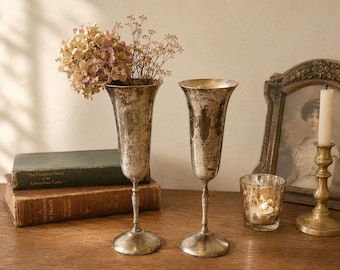Silverplate Decorative Goblets Pair | Vintage International Silver Co Pedestal Cups | Tarnished Wedding Decor | Made in India