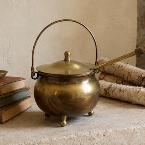 Brass Fireplace Fire Starter Pot with Stone Wand | Vintage Footed Hearth Lighter | Brass Cauldron Decor