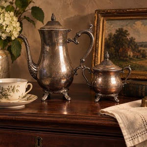 May include: A tarnished silver coffee pot with a lid and ornate handle, a matching lidded sugar bowl with two handles, and a white porcelain teacup with a green floral pattern on a matching saucer, all featuring intricate metalwork and feet.