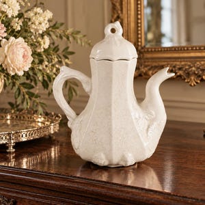 May include: A white ceramic teapot with a crackle glaze finish, featuring a hexagonal body, a curved handle, a spout, and a matching lid with a small loop handle on top. The teapot has a textured surface and a glossy, off-white appearance.