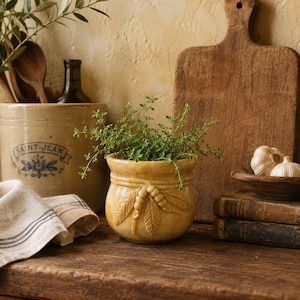 May include: A small, round, yellow ceramic planter featuring a relief design of leaves and berries, containing a green herb plant. The planter sits on a wooden surface alongside a beige and white striped cloth, a large stoneware crock, and books.