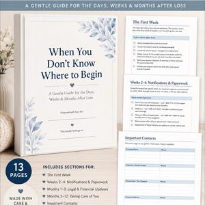 May include: A printable binder titled When You Don't Know Where to Begin, a guide for the days, weeks, and months after loss. The set includes 13 pages with sections for the first week, notifications, paperwork, important contacts, and legal updates.