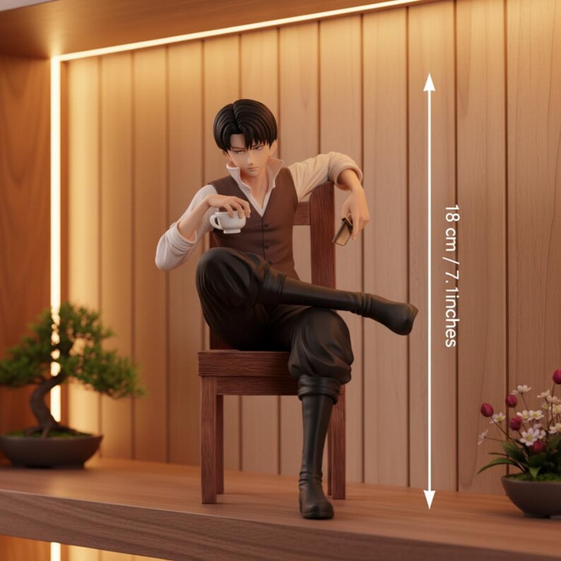 May include: A figurine of a person seated on a wooden chair, holding a teacup and glasses. The figure is wearing a white shirt, brown vest, and black pants and boots. The figurine is 7.1 inches (18 cm) tall.