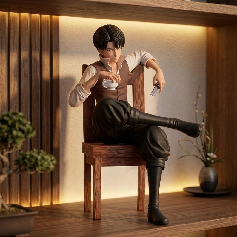May include: A figurine of a person seated on a wooden chair, holding a teacup and a small object. The figure wears a white shirt, brown vest, and black pants and boots. The scene is set on a wooden shelf with a bonsai tree and a vase of flowers.