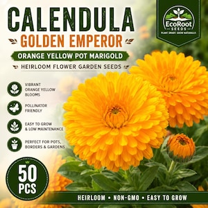 May include: Image of Calendula Golden Emperor seeds. The image shows vibrant orange-yellow blooms of pot marigolds. The text indicates the seeds are heirloom, non-GMO, and easy to grow. The package contains 50 seeds.