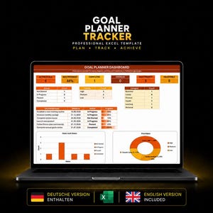 Könnte beinhalten: Ein Laptop-Bildschirm zeigt eine Excel-Vorlage zur Zielverfolgung mit einem Dashboard aus orange-weißen Datentabellen, Fortschrittsbalken, einem Balkendiagramm und einem Ringdiagramm. Der Text lautet Goal Planner Tracker, Professional Excel Template.