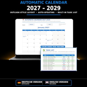 Könnte beinhalten: Ein automatischer Kalender für 2027-2029 auf einem Laptop-Bildschirm mit Outlook-Layout, automatischer Aktualisierung und integrierter Aufgabenliste. Ein separates, farbcodiertes Fenster zur Aufgabenverfolgung zeigt Daten, Aufgaben und Prioritäten.