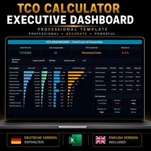 May include: A laptop screen displaying a TCO Calculator Executive Dashboard with professional templates. The interface features data tables, bar charts, and risk metrics in blue, green, and orange. Text includes TCO CALCULATOR EXECUTIVE DASHBOARD, PROFESSIONAL TEMPLATE, and DEUTSCHE VERSION ENTHALTEN, ENGLISH VERSION INCLUDED.