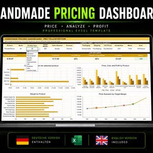 Handmade Pricing Dashboard Excel Template | Etsy Seller Pricing Calculator | Product, Profit Margin & Fee Tracker | Small Business (EN/DE)