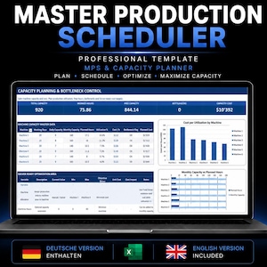 May include: A laptop screen displaying a Master Production Scheduler professional template with capacity planning and bottleneck control data. The dashboard includes tables for machine capacity master data, cost per utilization charts, and monthly capacity graphs.