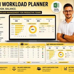 Op de afbeelding: Een digitale teamwerkbelastingplanner Excel-sjabloon op een laptopscherm, met een dashboard met grafieken en gegevenstabellen. De lay-out bevat secties voor taakbeheer, teamcapaciteit en statusoverzichten in een geel en wit kleurenschema.