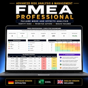 FMEA Professional Excel Template: Risk Assessment, Failure Mode and Effects Analysis and Quality Management Dashboard (EN/DE)