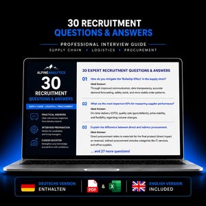 Könnte beinhalten: Ein Laptop-Bildschirm zeigt einen professionellen Interview-Leitfaden mit dem Titel 30 Recruitment Questions & Answers für Supply Chain, Logistik und Beschaffung, inklusive Beispielfragen sowie Hinweisen auf PDF- und Excel-Formate.
