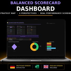 Può includere: Uno schermo di computer portatile che mostra una dashboard Balanced Scorecard con visualizzazioni di dati tra cui un grafico a diamante, un grafico ad anello e un grafico a barre. Il testo riporta Balanced Scorecard Dashboard e Strategy Map.