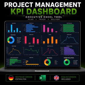 Könnte beinhalten: Ein Laptop-Bildschirm zeigt ein Projektmanagement-KPI-Dashboard als Excel-Tool mit verschiedenen Datenvisualisierungen wie Balkendiagrammen, Liniendiagrammen und Tortendiagrammen in leuchtenden Farben auf einem dunklen Hintergrund mit Textbeschriftungen.