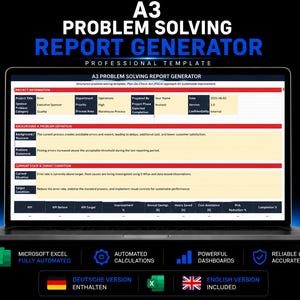 May include: A laptop screen displaying an A3 Problem Solving Report Generator template with sections for project information, background, problem definition, current state, and target condition, featuring a blue and white interface design.