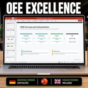 Könnte beinhalten: Ein silberner Laptop zeigt eine PowerPoint-Präsentation mit dem Titel OEE Excellence und einer Folie zur OEE-Formel und Interpretation. Rechts steht ein schwarzer Becher mit dem Text FOCUS IMPROVE DELIVER, links ein Notizbuch mit einem Stift.