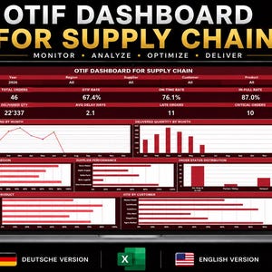 May include: A laptop screen displaying an OTIF Dashboard for Supply Chain with dark red and white data visualizations. The interface includes metrics for total orders, OTIF rate, on-time rate, in-full rate, delivered quantity, and various charts.