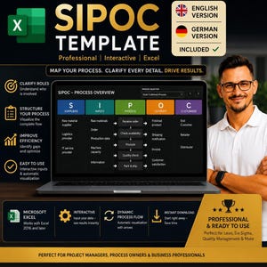 May include: A digital SIPOC template for Microsoft Excel displayed on a laptop screen. The interface features a process overview chart with columns for Suppliers, Inputs, Process, Outputs, and Customers. The layout includes text labels, icons, and a gold-toned informational banner detailing features like interactive inputs and dynamic process flow for business process management.