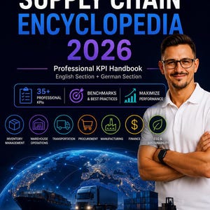Op de afbeelding: Het Supply Chain Encyclopedia 2026 Professional KPI Handbook bevat teksten in het Engels en Duits. Het omvat meer dan 35 professionele KPI's, benchmarks, best practices en prestatiecijfers voor voorraadbeheer, transport en financiën.