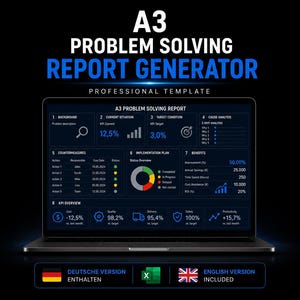 A3 Problem Solving Report Generator Excel Template: Lean Six Sigma Methodology, Root Cause Analysis and Project Management Tool (EN/DE)