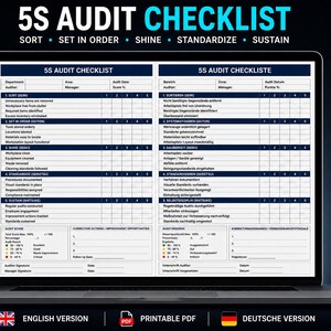 May include: A laptop screen displaying a 5S Audit Checklist with sections for Sort, Set in Order, Shine, Standardize, and Sustain. The document includes columns for department, area, date, auditor, manager, and score, with a color-coded scoring key.