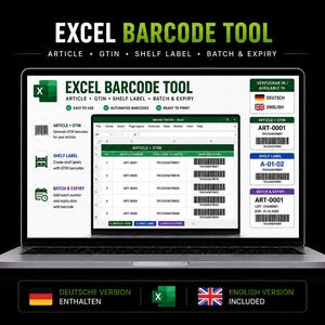 Generador de GTIN y herramienta de caducidad de lotes en Excel: Gestor de códigos de barras EAN, seguimiento de fechas de caducidad y sistema de etiquetado de inventario (en/de)