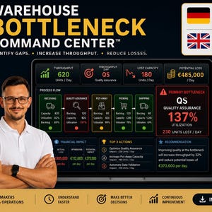 Könnte beinhalten: Ein digitales Dashboard mit dem Titel Warehouse Bottleneck Command Center auf einem Laptop-Bildschirm. Die Benutzeroberfläche zeigt Datenmetriken, Prozessflussdiagramme und eine Analyse der finanziellen Auswirkungen für Logistikabläufe.
