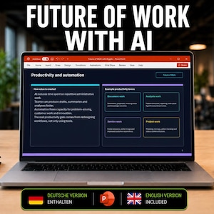 May include: A laptop screen displays a presentation titled Future of Work with AI, featuring slides on productivity and automation, document work, analysis work, service work, and project work, with a German and English version included.