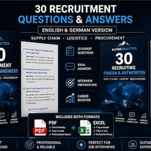 Puede incluir: Guía digital "30 Preguntas y Respuestas de Reclutamiento" en inglés y alemán. La portada presenta un diseño azul oscuro con "Alpine Analytics" y detalles sobre la cadena de suministro, logística y adquisiciones. Incluye formatos PDF y Excel.