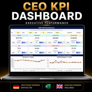 CEO KPI Dashboard Excel Template: Executive Performance Tracker, Financial KPI Report and Dynamic Business Analytics Dashboard (en/de)