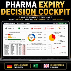 Puede incluir: Una pantalla de ordenador portátil que muestra el panel de control Pharma Expiry Decision Cockpit con visualizaciones de datos, gráficos, tablas y métricas sobre existencias, valores de riesgo y tendencias de caducidad.
