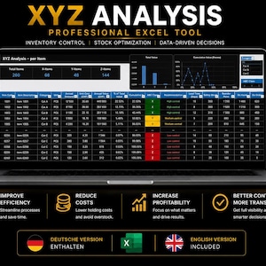 Könnte beinhalten: Ein Laptop-Bildschirm zeigt ein professionelles XYZ-Analyse-Excel-Tool zur Bestandssteuerung und Lageroptimierung. Die Benutzeroberfläche enthält Datentabellen, Balkendiagramme und Liniendiagramme mit Spalten für Artikelbeschreibungen, Jahresbedarf und ABC-Klassifizierung.