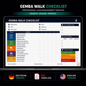 May include: A digital Gemba Walk Checklist template displayed on a laptop screen. The form includes sections for department, date, observer, and team lead, with categories for safety, quality, delivery, people, and improvement, plus top observations and actions.