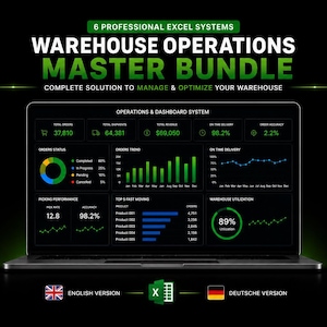 Könnte beinhalten: Ein Laptop-Bildschirm mit einem Warehouse Operations Master Bundle Dashboard, das verschiedene Diagramme und Kennzahlen anzeigt. Der Text lautet 6 Professional Excel Systems, Warehouse Operations Master Bundle, Complete Solution to Manage & Optimize Your Warehouse, English Version und Deutsche Version.