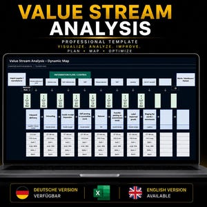 Könnte beinhalten: Ein Laptop-Bildschirm zeigt eine Value Stream Analysis Vorlage mit professionellen Textüberschriften. Die Benutzeroberfläche enthält ein komplexes Flussdiagramm mit verschiedenen Prozessboxen, Datentabellen und Flussindikatoren in Weiß, Blau und Grün.