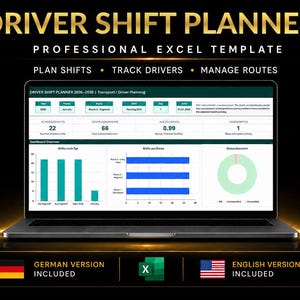 Driver Shift Planner Excel Template: Transport Schedule Dashboard, Fleet Driver Planning Tool, Route & Vehicle Assignment Management (EN/DE)